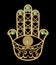 Golden Miriam hand with eye shape in filigree design with green emerald gem, amulet of protection