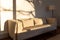 Golden morning light view of linen couch in living room with hardwood floor, plain pale walls and sun spots