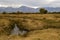 Golden morning sunlight on meadow creek winter mountains in rural California