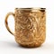 Golden Mug With Intricate Carving On White Background