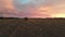 Golden multicolor sunset over a farm field with hay bales. Flying drone over a mowed wheat field at dusk. Low key 4k
