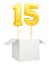 Golden number fifteen balloon flying out of blank white box isolated on white background
