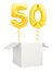 Golden number fifty balloon flying out of blank white box isolated on white background