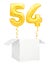 Golden number fifty four inflatable balloon with golden ribbon flying out of blank white box isolated on white