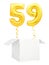 Golden number fifty nine inflatable balloon with golden ribbon flying out of blank white box isolated on white