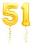 Golden number fifty one 51 made of inflatable balloon with ribbon on white