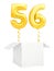 Golden number fifty six inflatable balloon with golden ribbon flying out of blank white box isolated on white background