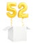 Golden number fifty two inflatable balloon with golden ribbon flying out of blank white box isolated on white background