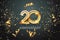 Golden numbers, 20 years anniversary celebration on dark background and confetti. celebration template, flyer. 3D illustration, 3D