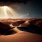 Golden oasis. Sunlight breaking through the dark clouds onto the sandy dunes. AI-generated