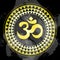 Golden Ohm symbol, indian Diwali spiritual sign Om over ethnic round pattern. Oriental vector religious symbol. India, Thai, Asia.