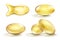 Golden oil capsule set. Realistic shiny medicine pills with gold yellow fish oil or omega 3 vitamin supplement isolated on