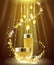 Golden oil cosmetic skin care ads. Banner background template promotion creme gold package. Sparkles light brand 3d