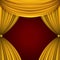 Golden open theater curtain vector template. Velvet shade with yellow tint revealing stage in red banner space.