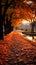 Golden, orange, and red leaves adorn the path in a picturesque park