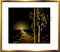 Golden oriental vector ink landscape with bamboo, sunrise, sunset, river, ocean on a black background. Black and white