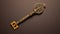 a golden ornamented ancient magic key on brown background. Generative ai