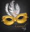 Golden ornamented mask with feathers Vector realistic. Stylish Masquerade Party. Mardi Gras card invitation. Night Party
