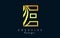 Golden Outline Creative letter E logo with leading lines and road concept design. Letter E with geometric design