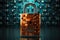 A golden padlock on a black surface. Cyber security to protect cryptocurrency. Digital image.