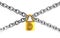 Golden padlock and metal chain isolated on white background. Security concept. High quality 3D render