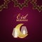 Golden pattern moon with creative lantern of eid mubarak on pattern background