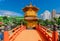 The Golden pavilion and gold bridge in Nan Lian Garden near Chi Lin Nunnery, famous landmark in Hong Kong