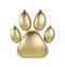 Golden paw print logotype or icon isolated on white background. Dog paw footprint logo 3d rendering. Year of Dog