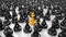 Golden pawn stands among a huge crowd of black pawns