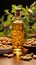 Golden peanut oil bottle set beside a charming arrangement of peanuts and leaves