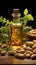 Golden peanut oil bottle set beside a charming arrangement of peanuts and leaves