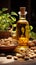 Golden peanut oil bottle set beside a charming arrangement of peanuts and leaves