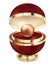 A golden pearl jewelry in a gift red box. A large gold golden pearl in a beautiful red gift round package with a gold design on a
