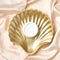 Golden pearl shell decoration with moisturizer body cream on peach fabric