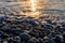 Golden pebbles on seashore in morning sun light. Sea wave on seacoast with round stones. Mediterranean sea coast