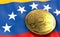 Golden Petro concept coin on Venezuelan flag. Petro - the cryptocurrency of Venezuela concept. 3D Rendering