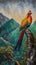 Golden Pheasant perched on a tree branch in mountains, AI generative