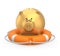 Golden piggy bank in a lifebuoy