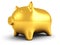 Golden piggy money bank on white background