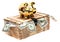 Golden piggybank on wooden case with dollar notes