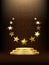 Golden podium with stars glowing. Gold stage with glitter and light smoke on dark background. Hollywood fame in film and