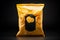 Golden potato chips in a package on a black background. Mockup