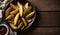 Golden Potato Wedges on Wooden Table with Cloth Backdrop, Copy Space