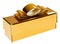 Golden present box with yellow ribbon