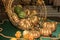 Golden pumpkin watermelon and grapes on a large table