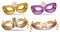 Golden and purple masks set collection Vector realistic. Stylish Masquerade Party. Mardi Gras card invitation. Night