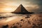 Golden pyramid by the sea amidst rocks and sand in digital art style. Mystical and fantastic gold pyramid.