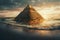 Golden pyramid by the sea amidst rocks and sand in digital art style. Mystical and fantastic gold pyramid.