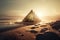 Golden pyramid by the sea amidst rocks and sand in digital art style. Mystical and fantastic gold pyramid.