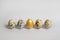 Golden quail egg with ordinary eggs in a row on a white background